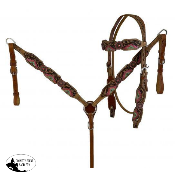 New! Hand Painted Aztec Brow Band Headstall And Breast Collar Set.
