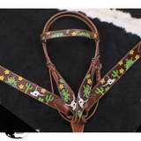 Hand Painted Steer Skull and Cactus Headstall and Breast collar Set. - Country Scene Saddlery and Pet Supplies