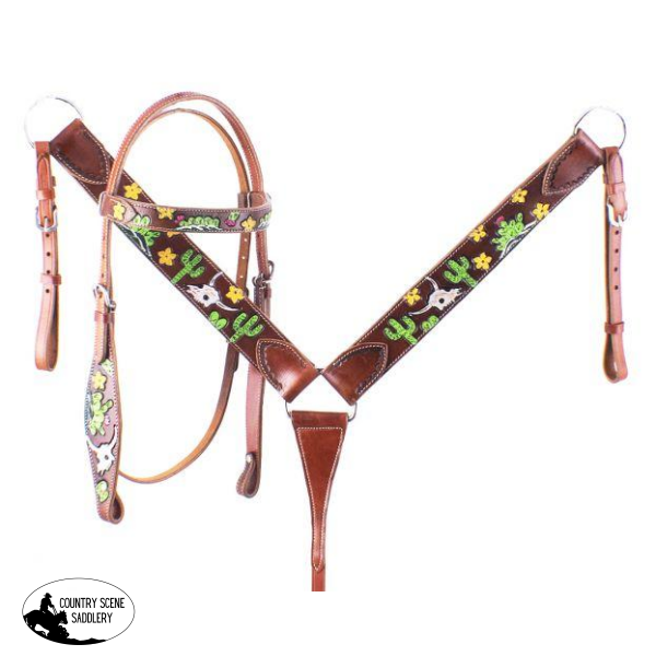 New! ~Hand Painted Steer Skull And Cactus Headstall Breast Collar Set. Posted.*