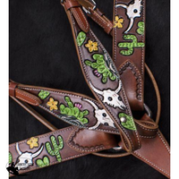 New! ~Hand Painted Steer Skull And Cactus Headstall Breast Collar Set. Posted.*