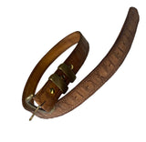 Brown leather belt with brass buckle on a white background
