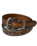 Chocolate brown hand carved leather belt with white and turquoise plaited insert and antique buckle