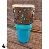 Insulated Teal Tumbler With Argentina Cow Leather Floral Tooled Sleeve. - Country Scene Saddlery and Pet Supplies