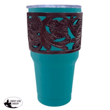 Insulated Teal Tumbler With Argentina Cow Leather Floral Tooled Sleeve. - Country Scene Saddlery and Pet Supplies