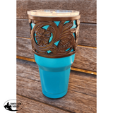 Insulated Teal Tumbler With Argentina Cow Leather Floral Tooled Sleeve. - Country Scene Saddlery and Pet Supplies