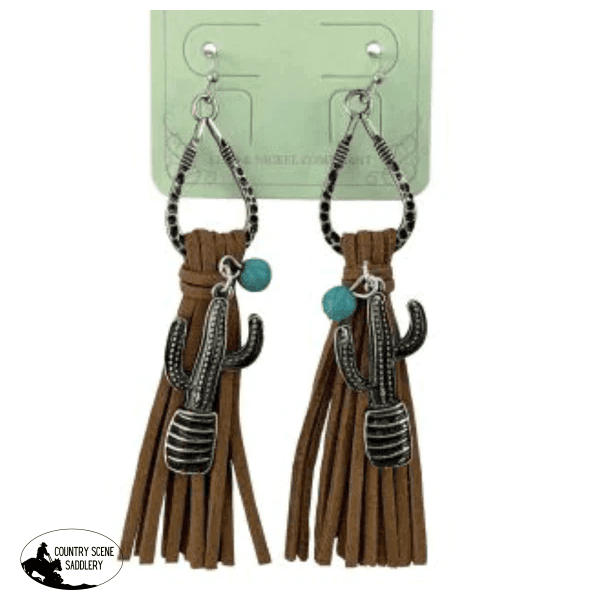 J6436 - Leather Fringe & Cactus Dangle Earrings Necklace