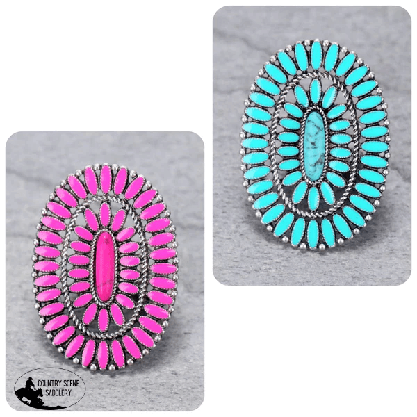 J6476 - Concho Cluster With Oval Stone Adjustable Ring Necklace & Earrings