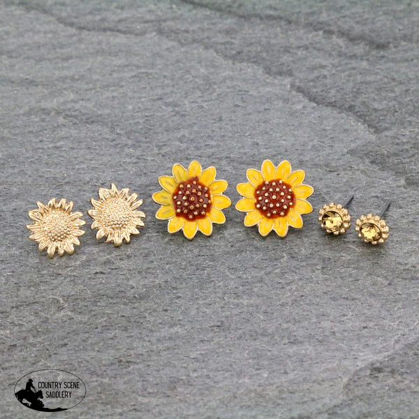 J6504 - 3 Pair Sunflower Earring Set Necklace & Earrings