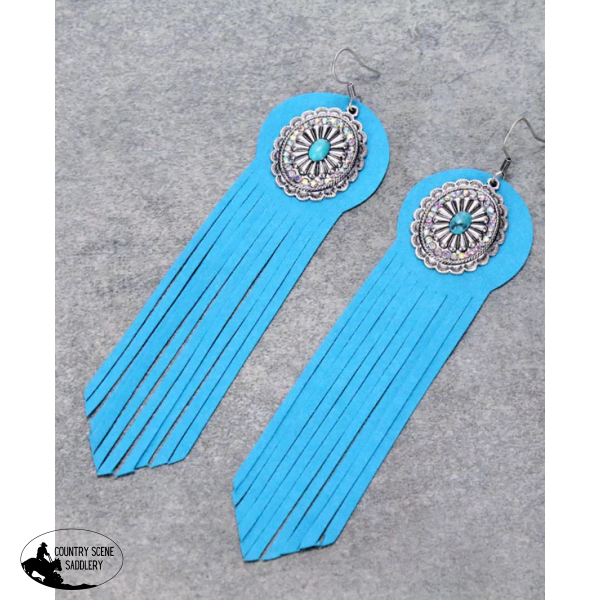 J6614 - Concho Stone With Leather Tassel Dangle Earrings Necklace &
