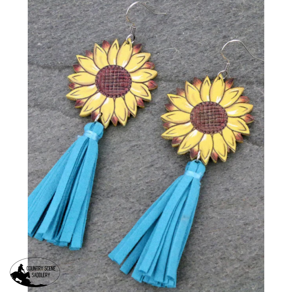 J6615 - Sunflower Leather With Tassel Dangle Earrings Necklace &