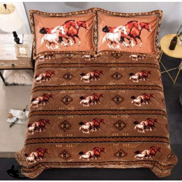 King Size 3 Pc Borrego Comforter Set With Geometric Running Horses.