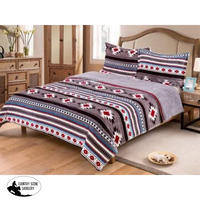 King Size 3 Pc Borrego Comforter Set With Southwest Design. Grey And Red