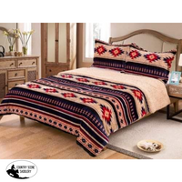 King Size 3 Pc Borrego Comforter Set With Southwest Design. Tan And Navy