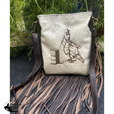 Klassy Cowgirl Leather Crossbody Bag with hair on cowhide w/ barrel racer brand. - Country Scene Saddlery and Pet Supplies