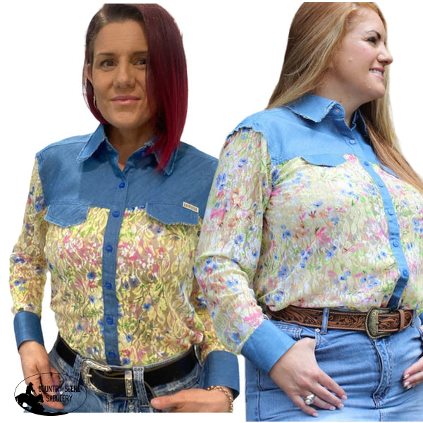 L1440 - Binda Ladies Western Denim & Lace Shirt Shirts Tops