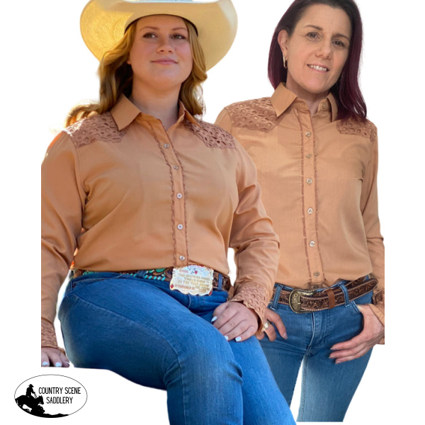 L1461- Jess Ladies Tan Western Shirt With Broderie Contrast 6 Shirts & Tops