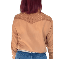 L1461- Jess Ladies Tan Western Shirt With Broderie Contrast Shirts & Tops