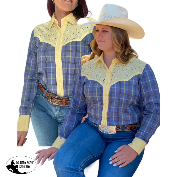 L1462- Jela Ladies Check Western Shirt With Broderie Contrast Shirts & Tops
