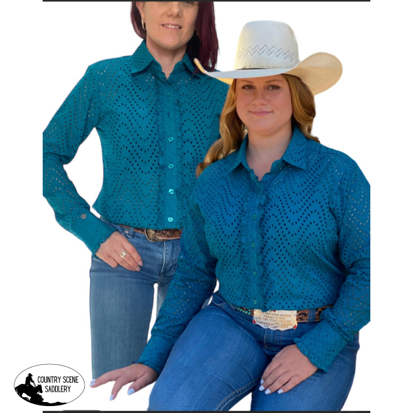 L1463- Florence Ladies Turquoise Broderie Western Shirt Shirts & Tops