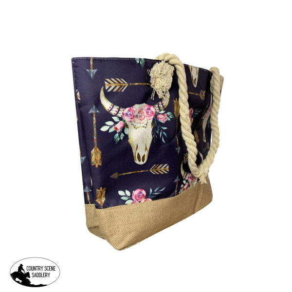 Large Burlap Bottom Weekender Tote - Watercolor Cow Skull/Arrow Tote Bag
