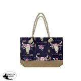 Large Burlap Bottom Weekender Tote - Watercolor Cow Skull/Arrow - Country Scene Saddlery and Pet Supplies