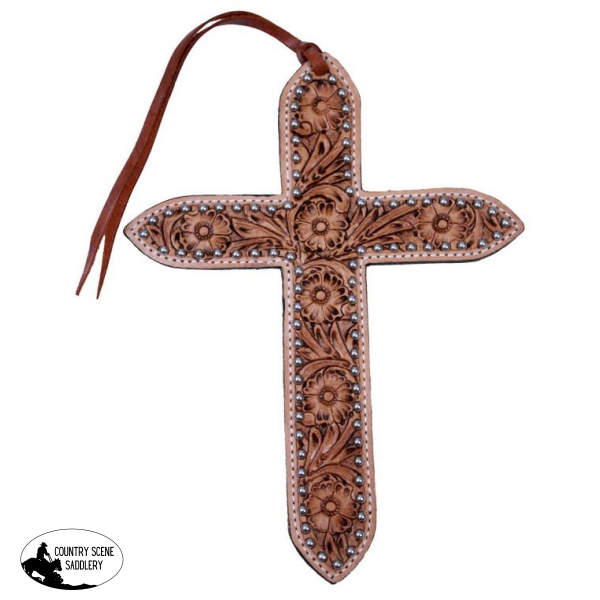 Large Floral Tooled Leather Tie On Cross