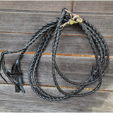 Leather braided split reins with scissor snap ends. 6.5 ft long.