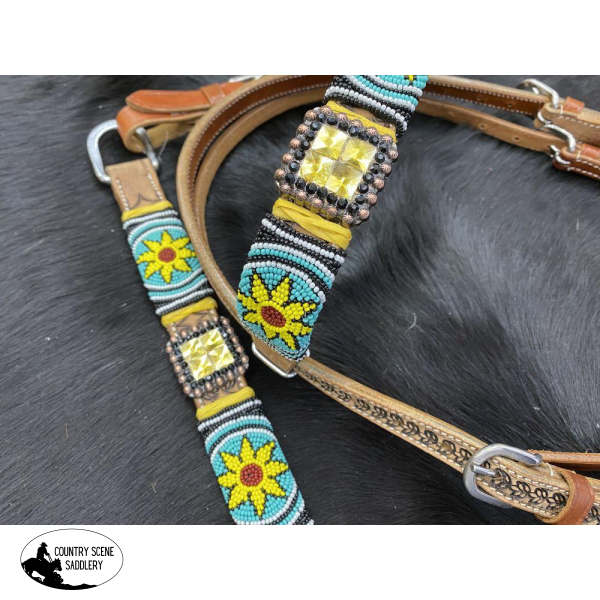 New! Leather Browband Headstall With Beaded Sunflower Design.