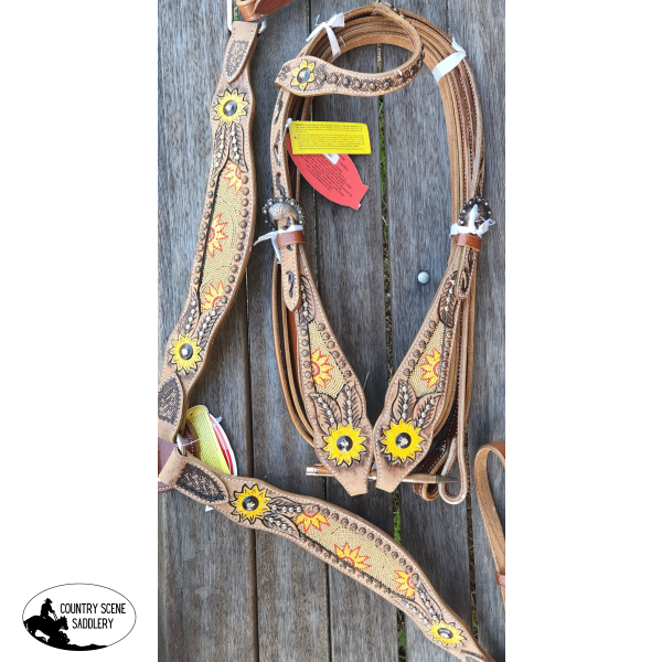 Leather Browband Headstall With Beaded Sunflower Design. Beaded Headstall & Breast Collar Sets