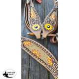 Leather Browband Headstall With Beaded Sunflower Design. Beaded Headstall & Breast Collar Sets