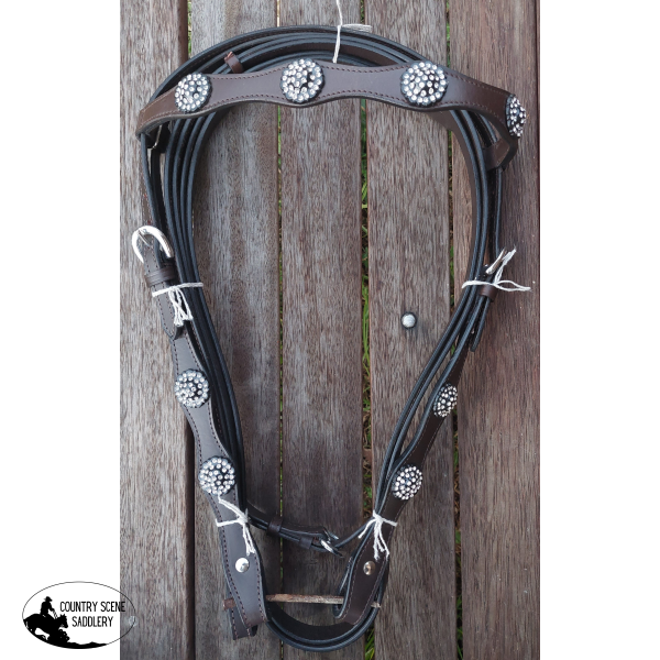 Leather Double Stitched Headstall With Clear Rhinestone Conchos