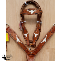 Leather Double Stitched Tooled Browband Headstall And Breastcollar.