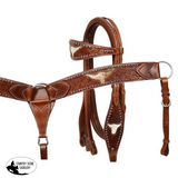 New! (7160) Leather Double Stitched Tooled Browband Headstall And Breastcollar. Med