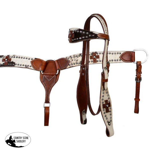 New! ~ Leather Double Stitched Wide Browband Headstall Reins And Breastcollar Set With  Hair On