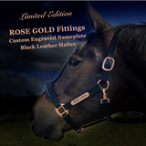 Leather Halter - Rose Gold Fittings with Engraved Horse Nameplate - Country Scene Saddlery and Pet Supplies