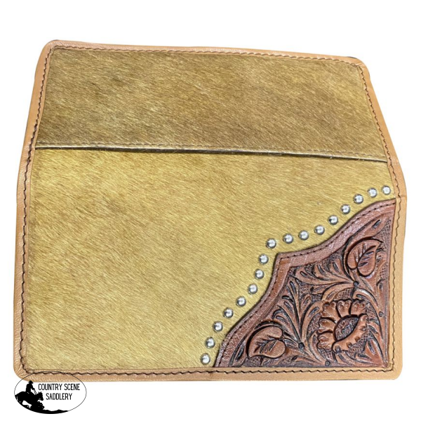 Light Brown Mens Leather Wallet With Hair Cowhide And Basket Tooled Side. Cross Body Purses