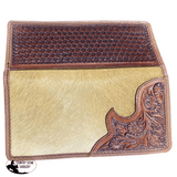 Light Brown Men's Leather Wallet with hair on cowhide and basket tooled side. - Country Scene Saddlery and Pet Supplies