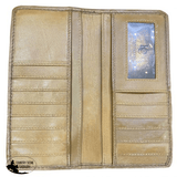 Light Brown Men's Leather Wallet with hair on cowhide and basket tooled side. - Country Scene Saddlery and Pet Supplies