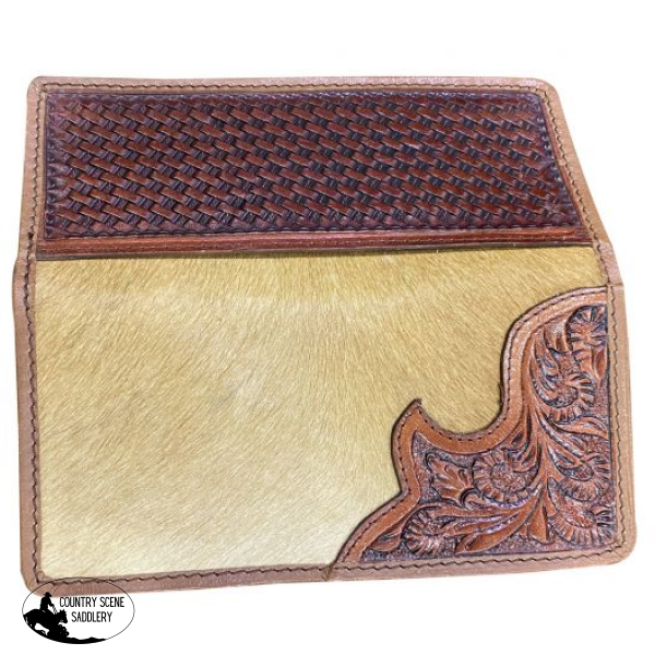Light Brown Mens Leather Wallet With Hair On Cowhide And Basket Tooled Side. Cross Body Purses