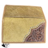Light Brown Men's Leather Wallet with hair cowhide and basket tooled side. - Country Scene Saddlery and Pet Supplies