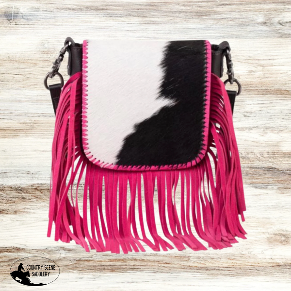Montana West Genuine Leather Hair-On Collection Fringe Crossbody / Pink Hats