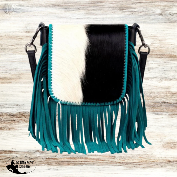 Montana West Genuine Leather Hair-On Collection Fringe Crossbody / Turquoise Hats