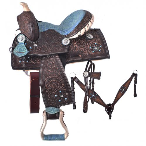 New! 10’’ Double T Pony saddle set with turquoise alligator seat