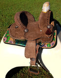 10" Double T Youth Hard Seat Barrel style saddle with extra deep seat and buckstitch trim. - Country Scene Saddlery and Pet Supplies