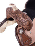 12", 13" barrel style saddle with floral tooling and iridescent crystal rhinestone conchos.~ - Country Scene Saddlery and Pet Supplies