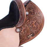 12", 13" barrel style saddle with floral tooling and iridescent crystal rhinestone conchos.~ - Country Scene Saddlery and Pet Supplies