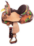 12" Double T Barrel Style Saddle with hand painted sunflower and cactus design. - Country Scene Saddlery and Pet Supplies