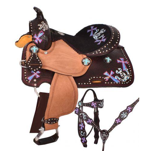 12 Double T Youth Barrel Style Saddle Set With Hand Painted Cross And Horseshoe Design.