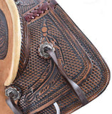 12" Double T hard seat roper style saddle with basketweave and feather tooling. - Country Scene Saddlery and Pet Supplies