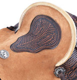 12" Double T hard seat roper style saddle with basketweave and feather tooling. - Country Scene Saddlery and Pet Supplies
